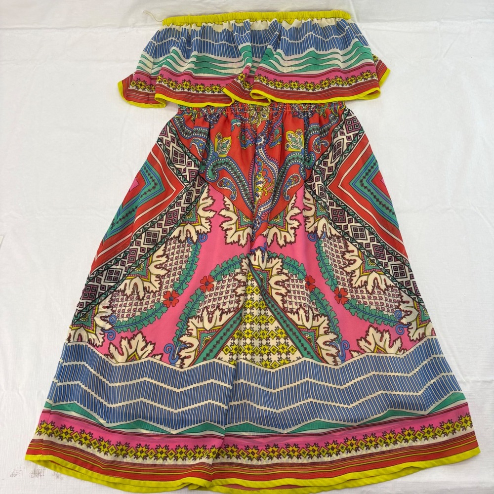 Flying Tomato Womens Strapless Paisley Boho Midi Dress Pink Blue Yellow Large
